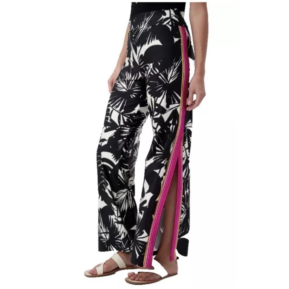 Trina Turk ● Black and White Floral Swim Coverup Pants with Pink Stripe